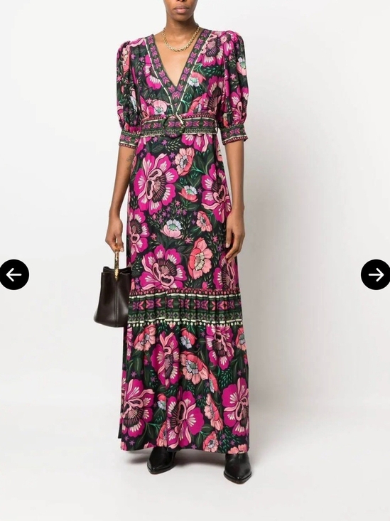 FARM Rio Dresses & Skirts - Floral V-Neck Dress in Black with Pink, Coral & Green Blooms
